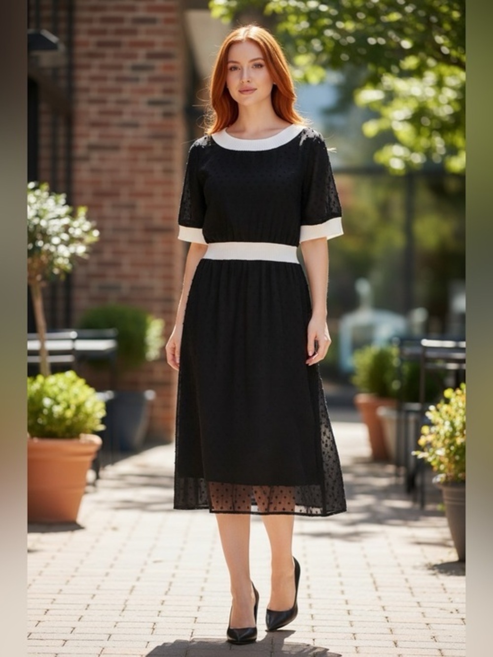 🫶🏻 Piper & Scoot Black Midi Dress with White Trim - Elegant Contrast Design